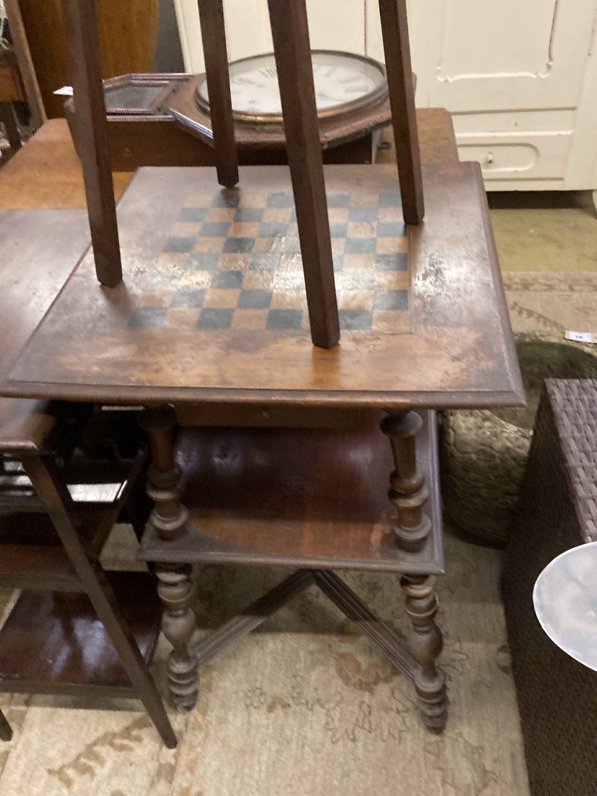 A Victorian two tier games table, width 50cm, depth 50cm, height 79cm together with an aesthetic movement side table and a plant stand